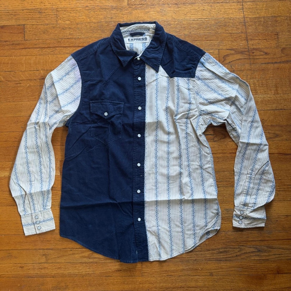 Vintage Express Mens Button Up‎ Shirt Western Style Striped Corduroy Medium